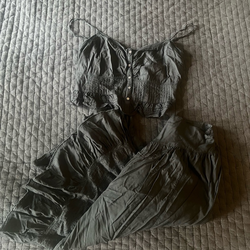 Black Button-Up Crop Top and Skirt Set